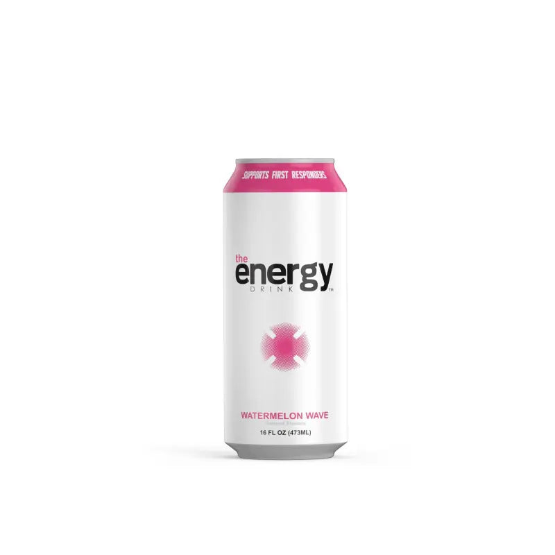 White energy drink can featuring Watermelon Wave flavor from Buff’d Energy for first responders