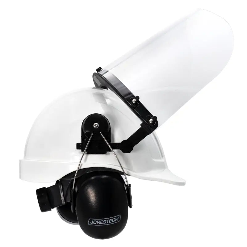 White cap-style hard hat kit with hi-transparency face shield and earmuffs
