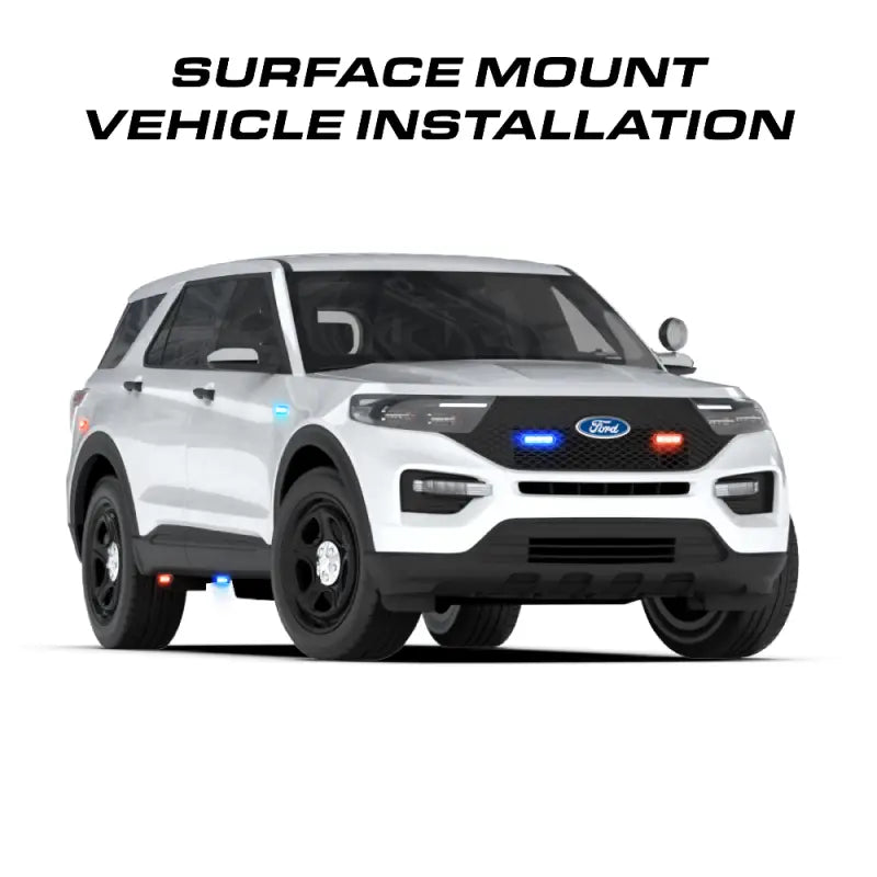 White police SUV with emergency lights featuring Feniex Fusion-S surface mount for first responders