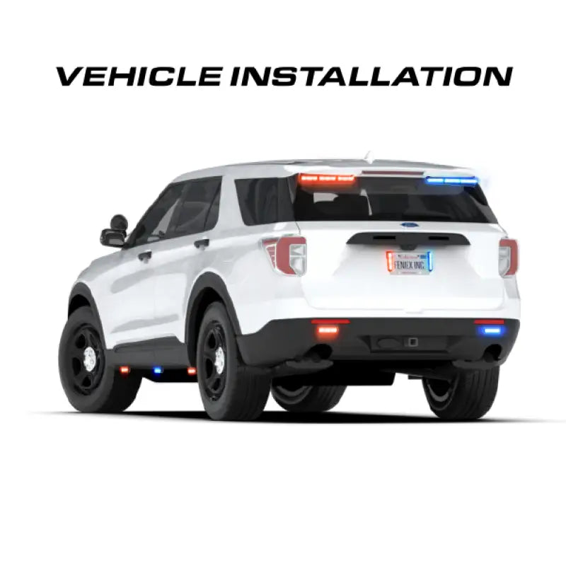 White police SUV with emergency lights featuring Feniex Quantum 2.0 Spoiler Mount for first responders