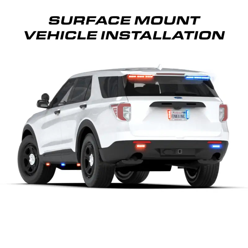 White SUV with emergency lights featuring Feniex Fusion-S Surface Mount for first responders