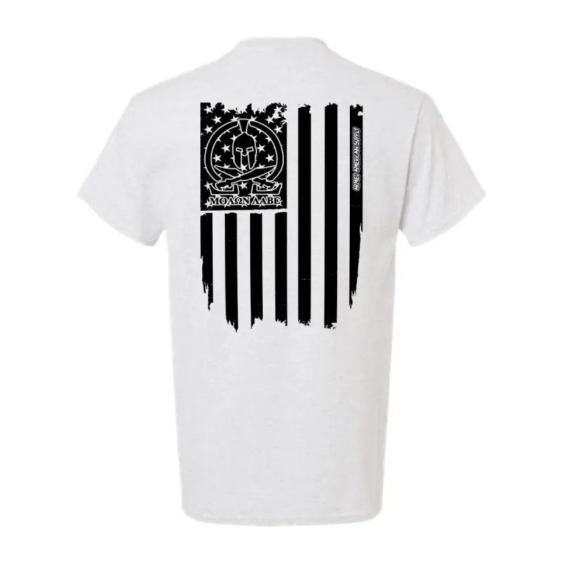 White T-shirt with American flag graphic featuring Molon Labe Ghost and Labe Ghost Flag design