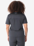 Back view of a dark gray Women’s Four-Pocket Scrub Top with short sleeves