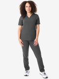 Dark gray women’s four-pocket scrub uniform with v-neck top and matching pants