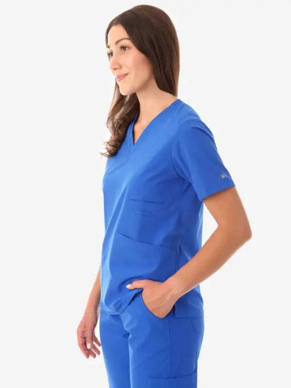 Royal blue women’s four-pocket scrub top with v-neck and short sleeves