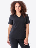 Black women’s four-pocket scrub top with v-neck and short sleeves for comfort and style