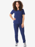 Navy blue women’s four-pocket scrub top with short sleeves and matching pants