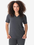 Dark gray women’s four-pocket scrub top with short sleeves for medical professionals