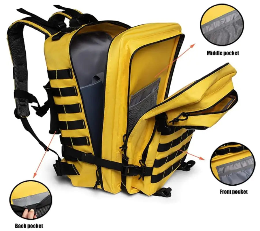 Yellow and black all-terrain backpack with expandable compartments for a bleeding control kit