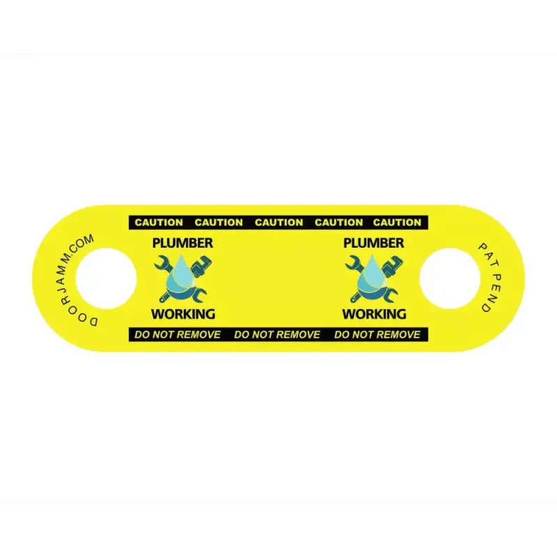 Yellow caution sign with Plumber Working text on PLUMBER DoorJamm in 7 colors
