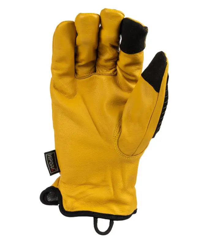 Yellow leather glove with black accents from Diesel Work Gloves 2.0 Elite featuring goatskin outer layer and superior dexterity