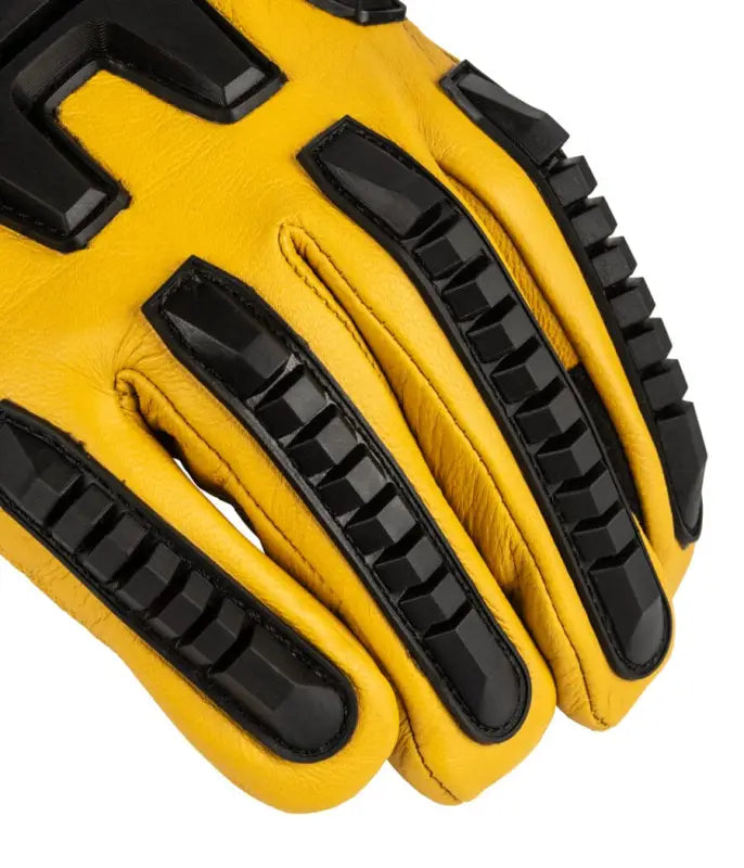 Yellow leather diesel work gloves with black protective accents and goatskin outer layer