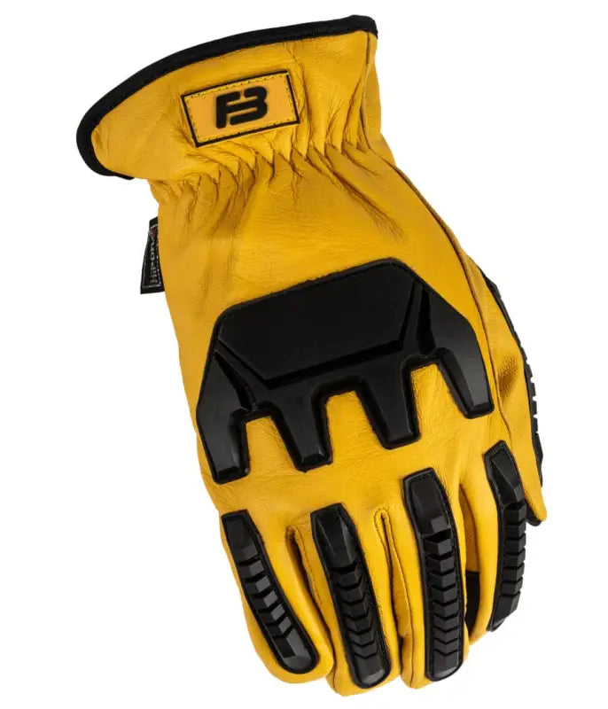 Yellow leather work glove with black protective pads from Diesel Work Gloves 2.0 Elite featuring goatskin outer layer for superior dexterity