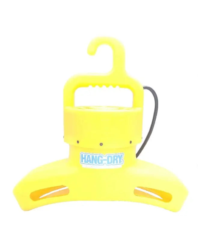 Yellow plastic hanger with Hang-Dry logo for efficient clothes drying and organization
