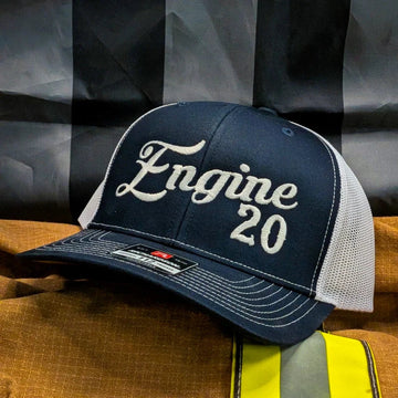 Firefighter custom hats collection featuring a black snapback with truck number 21 logo on a vibrant background