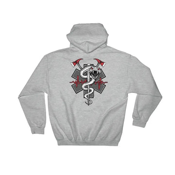 Cozy women's firefighter hoodies featuring a unique design with a caduceus and fire axes