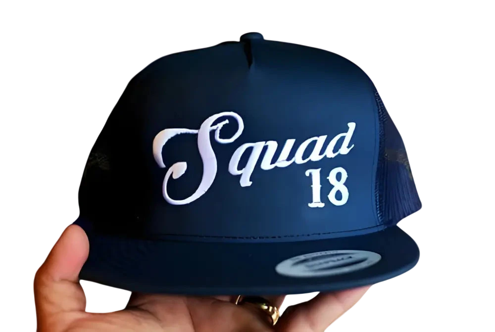 Firefighter custom hats collection featuring a black snapback with truck number 21 logo on a vibrant background