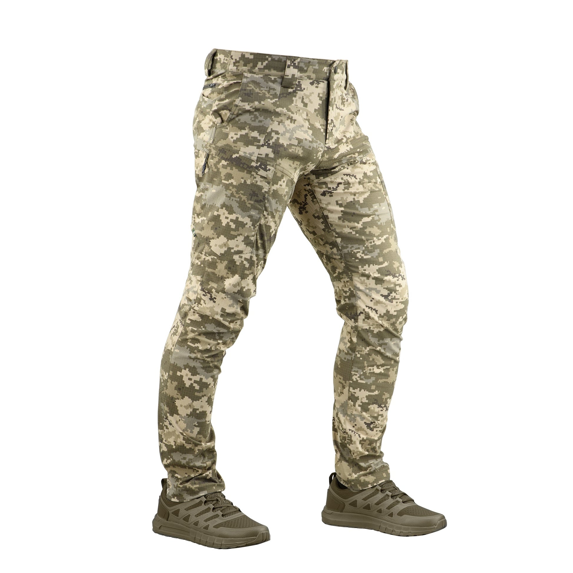 Close-up of M-Tac Tactical Pants Sahara Flex Light features, highlighting durable nylon and easy-access pockets for tactical gear.