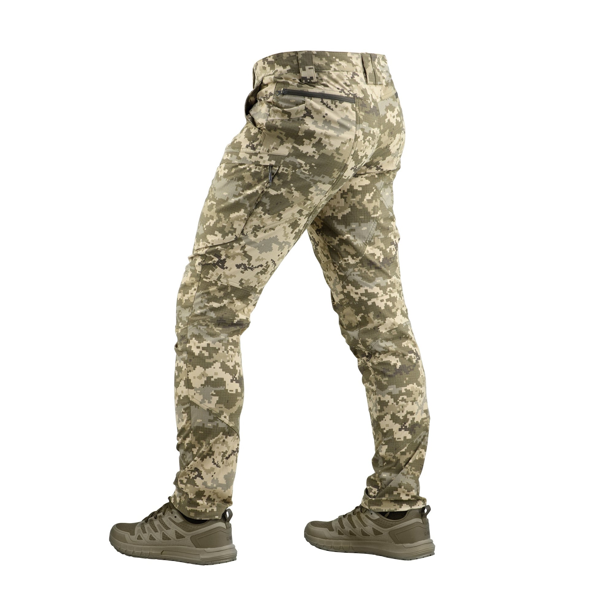 Side view of M-Tac Tactical Pants Sahara Flex Light showing cargo pockets designed for concealed carry of knives or magazines.