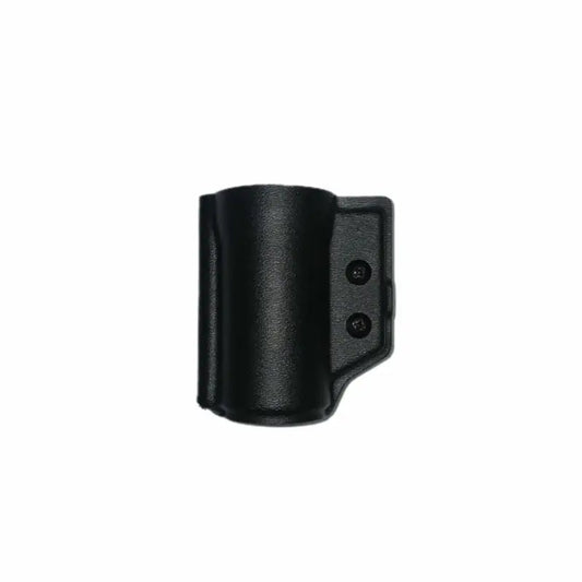 Black plastic pepper spray holder with two screw holes for easy mounting