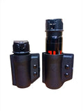 Two black tactical flashlight holsters with adjustable buttons for pepper spray holder