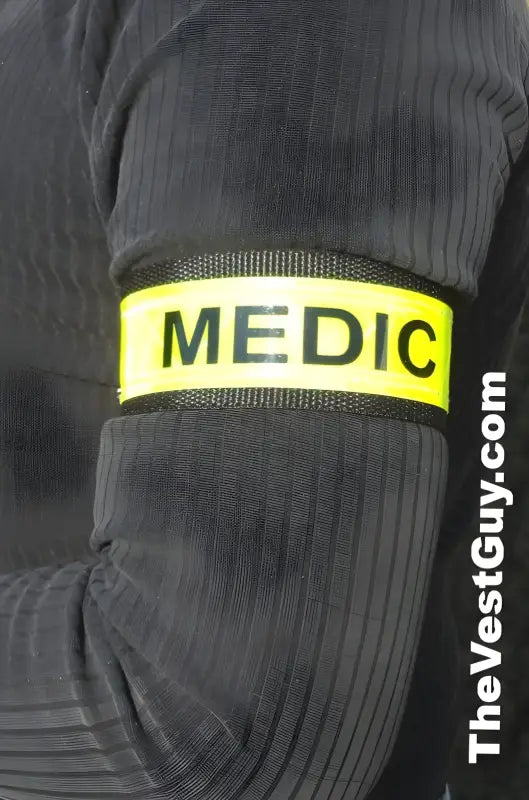 Reflective yellow MEDIC armband on dark fabric for 1.5 inch reflective ID armband use