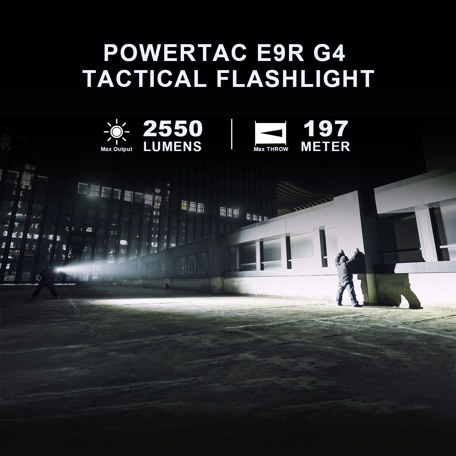 Close-up view of the E9R GEN4 - 2,550 Lumen Tactical EDC Flashlight highlighting its compact design and powerful output.