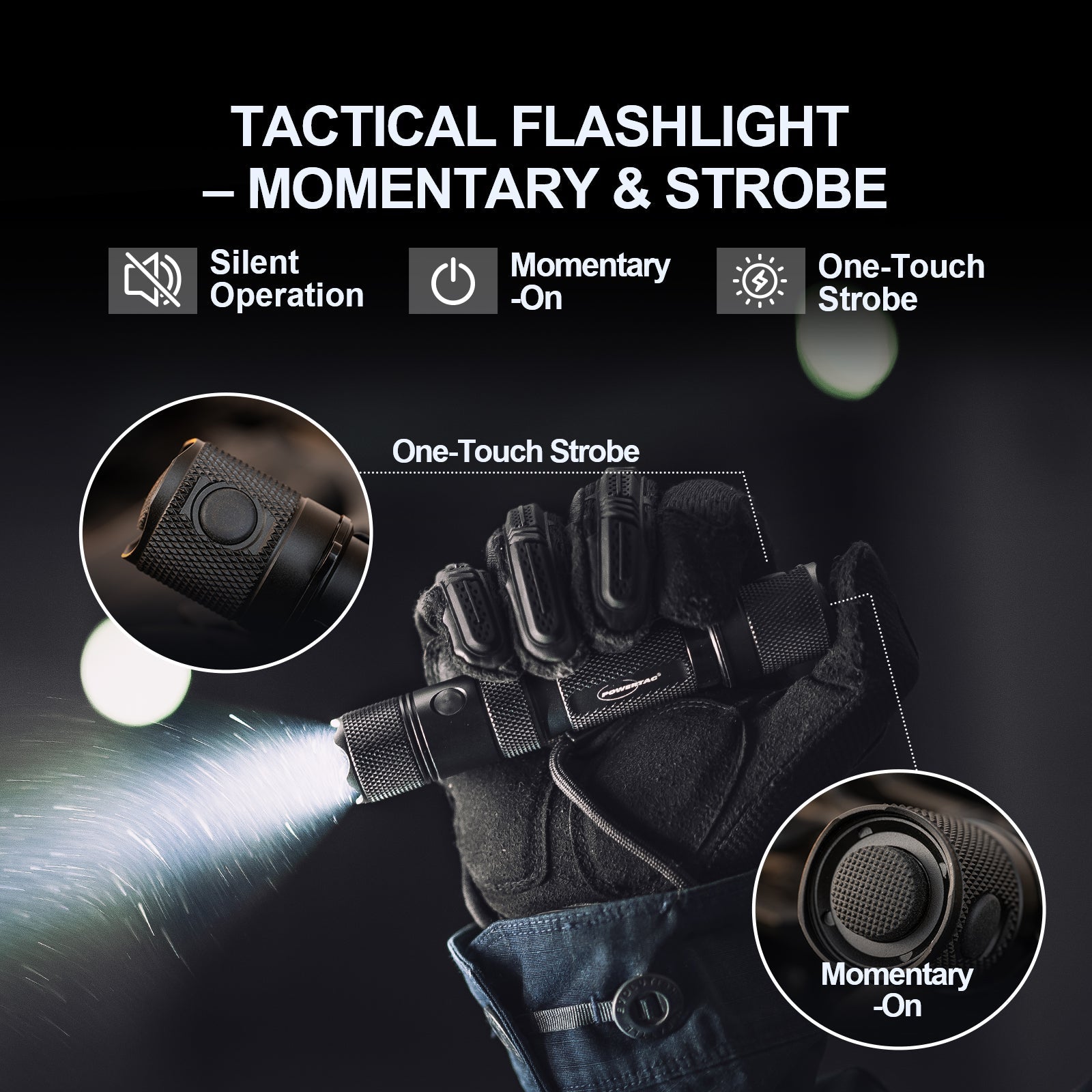 Features of the E9R GEN4 - 2,550 Lumen Tactical EDC Flashlight including its tactical strobe function and brightness settings.