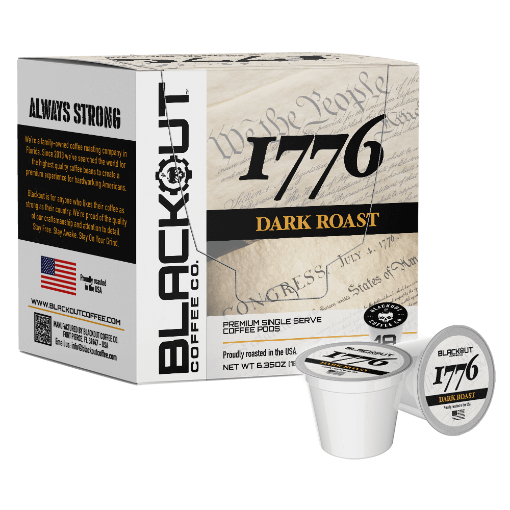 1776 DARK ROAST COFFEE PODS 18CT from Blackout Coffee Co, perfect coffee pods for keurig brewing systems, delivering rich dark roast flavor.