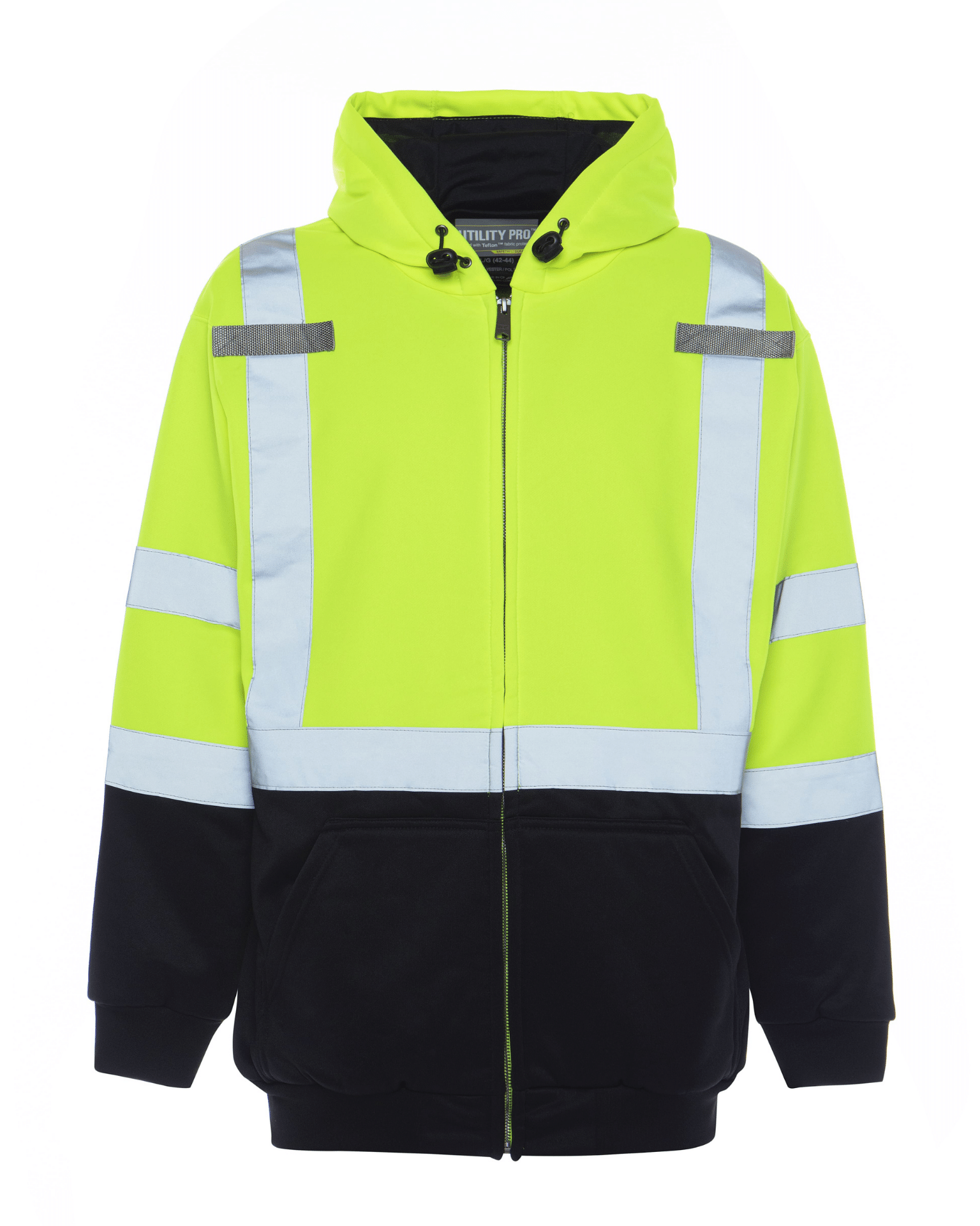 Close-up of UHV425 HiVis Soft Shell Full Zip Hoodie highlighting the bright lime color. Essential hi vis hoodie for all weather conditions.