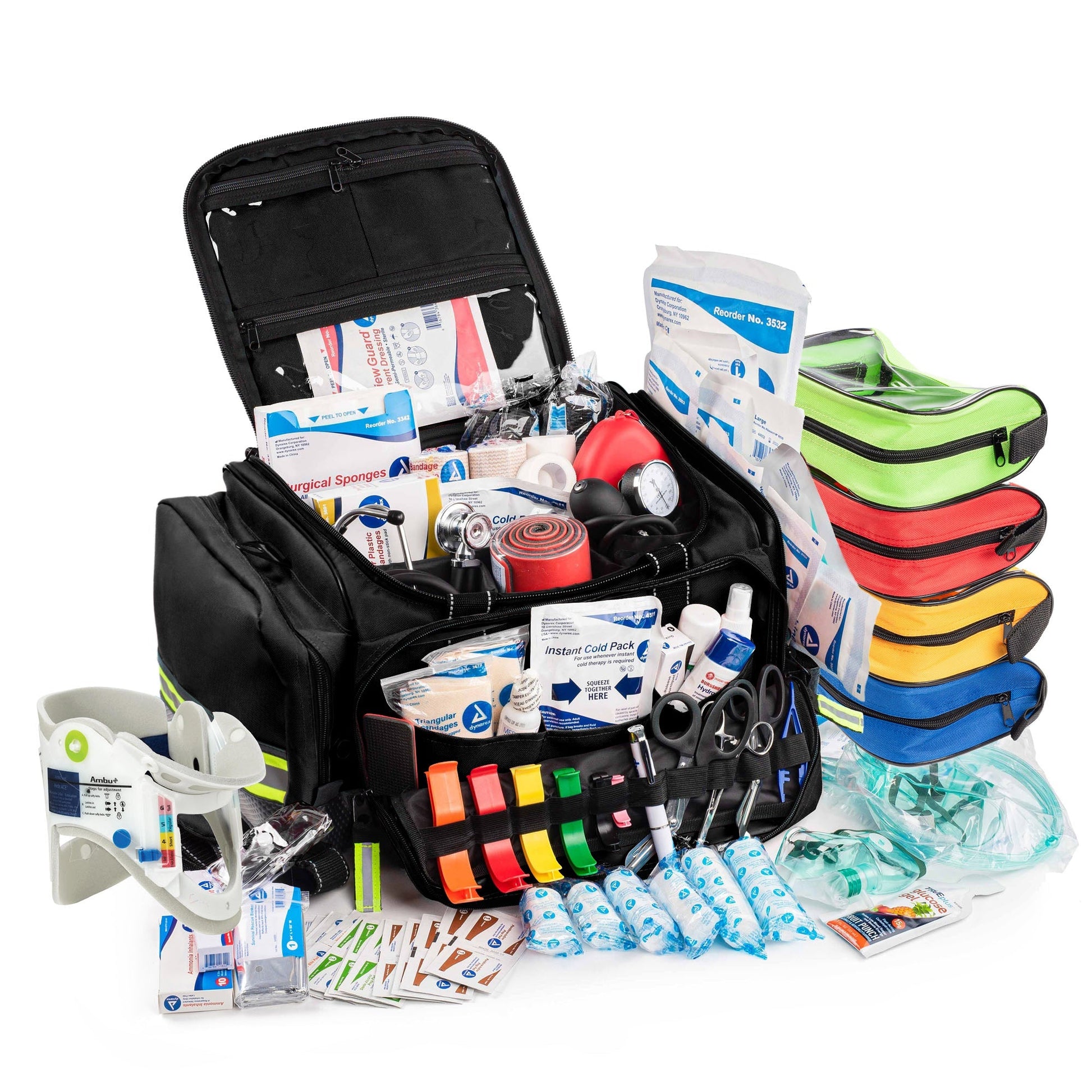 Scherber Premium First Responder Trauma Kit - Fully Stocked featuring a durable polyester gear bag with multiple pockets and compartments for organized storage, ideal for EMTs, firefighters, and paramedics.