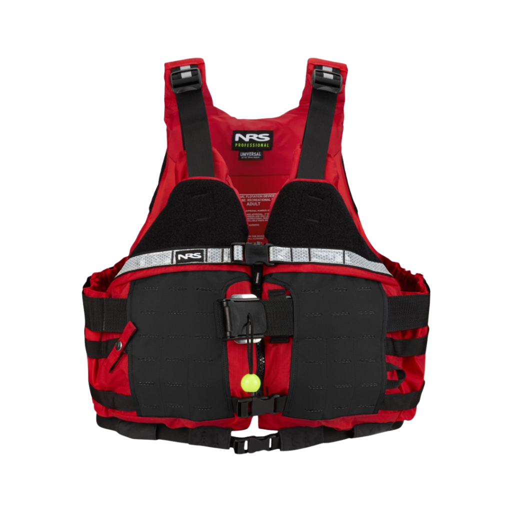 Red and black life vest with NRS logo on a white background