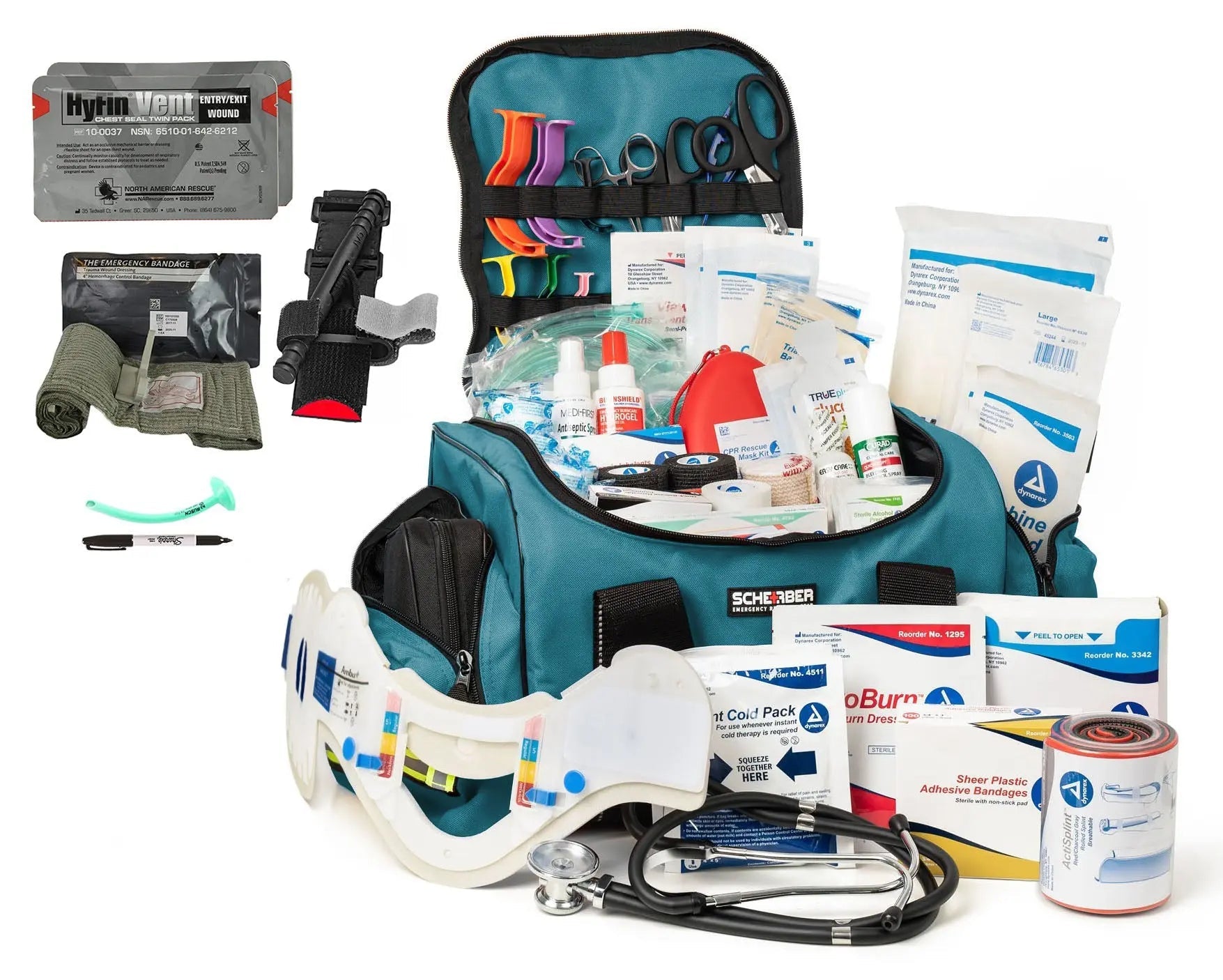 Scherber Intermediate First Responder Trauma Kit with Bleeding Control, featuring a durable polyester gear bag, excellent organization with 8 separate pockets, and over 250 essential medical supplies for emergencies.