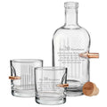 Glass decanter and 2nd Amendment glasses with bullet designs and etched text
