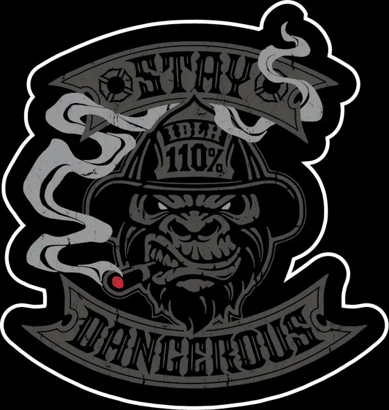 Stylized gorilla fire decal in helmet with Stay Dangerous banner and 110% text