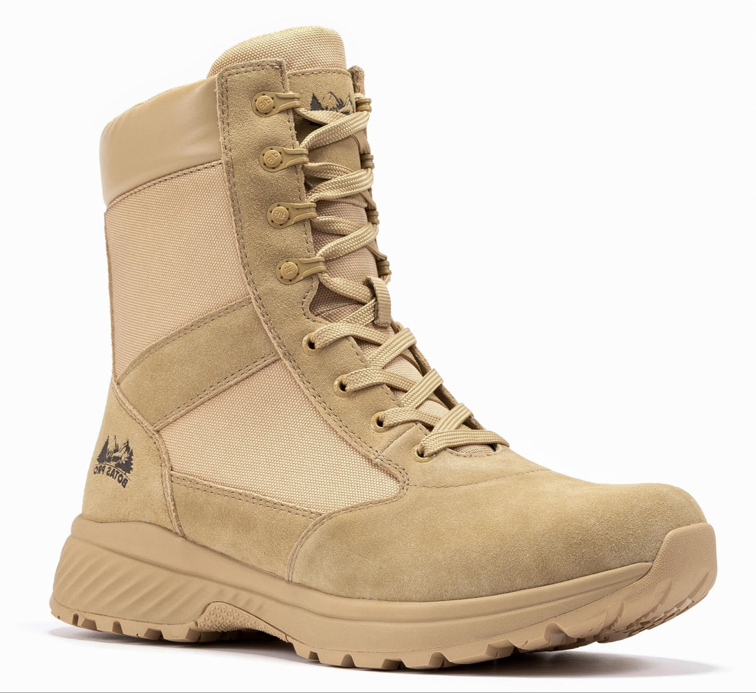 Botas Pro Sand Men's 8 inch Side Zipper Military Tactical Boots BP701 made of suede leather with a slip resistant rubber sole perfect for tactical and outdoor activities.