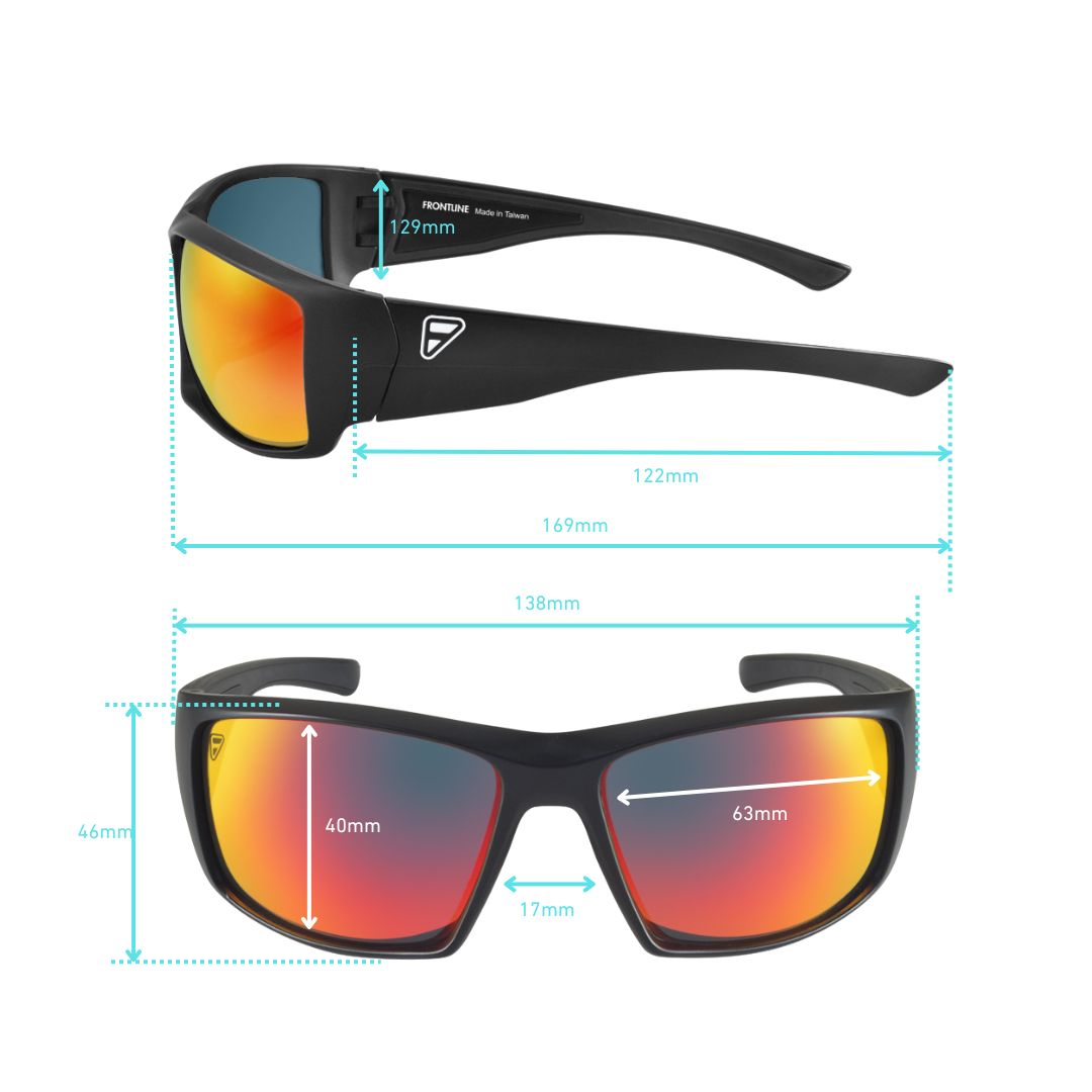 Ten-8 Crimson sunglasses with a measuring tape, highlighting the fit guide dimensions of the lenses and bridge.