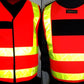 High-visibility fluorescent green ANSI II break-away vest with red and yellow reflective stripes