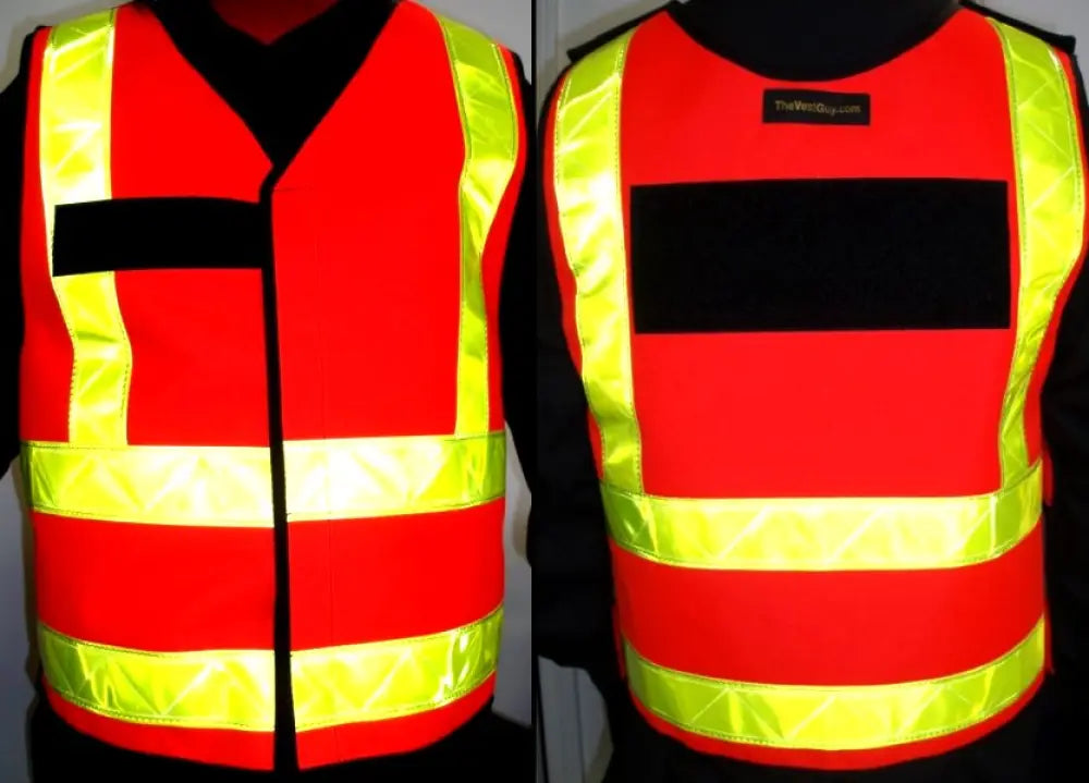 High-visibility fluorescent green ANSI II break-away vest with red and yellow reflective stripes