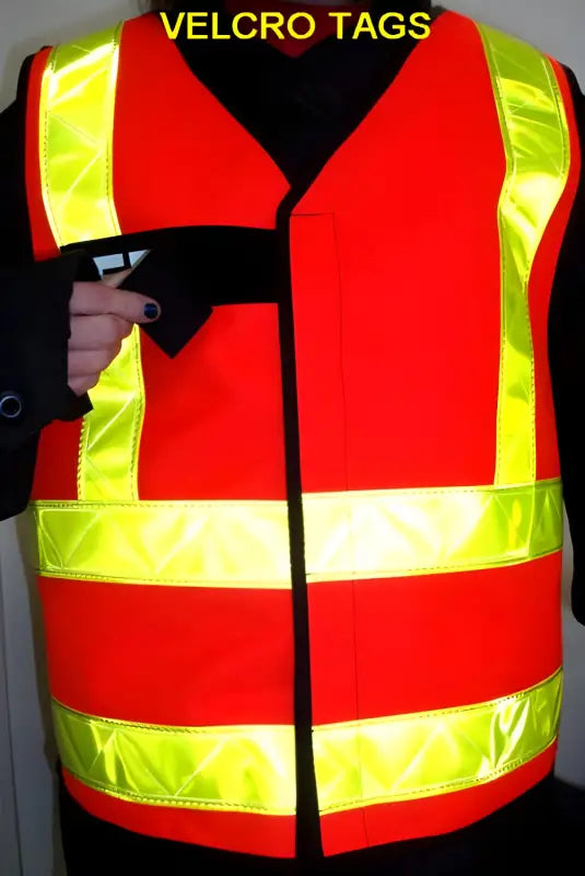 Red ANSI II Break-Away Vest with fluorescent yellow reflective stripes and Velcro fastening