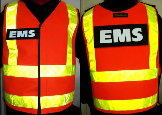 High-visibility orange and yellow ANSI II break-away vest with EMS lettering