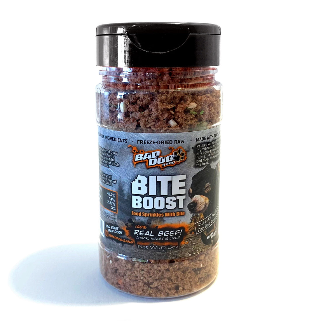 Bite Boost Beef Food Topper sprinkles in a jar, designed to enhance dog meals with flavorful, chunky beef nutrition.