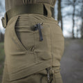 Close-up of M-Tac Tactical Pants Sahara Flex Light highlighting the flexible material for unrestricted movement and durability.
