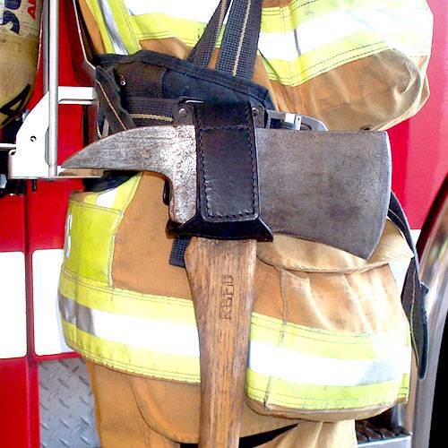 Leather Firefighter Axe Holder with Swivel showcasing its durable black leather design and stainless steel belt clips.