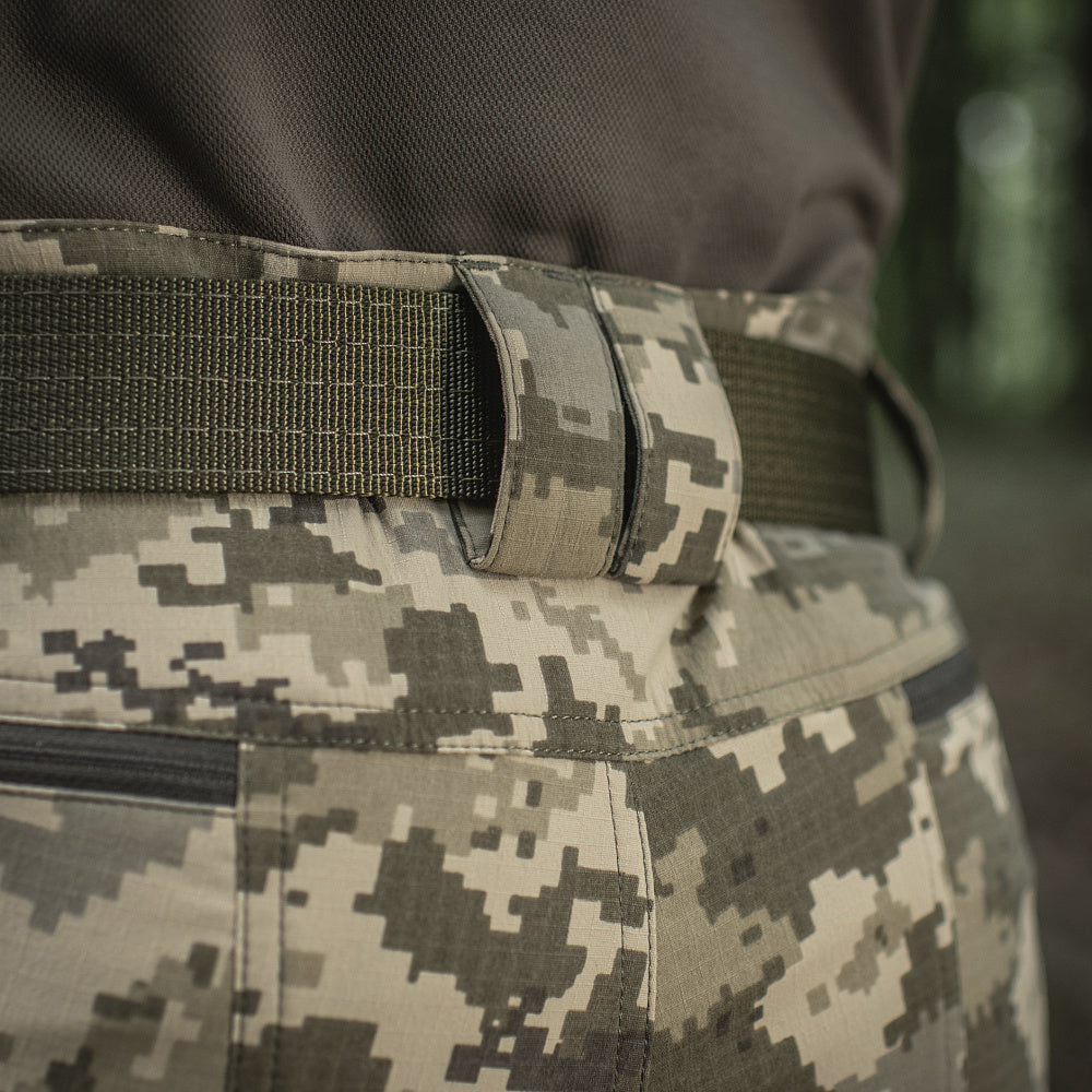 Rear view of M-Tac Tactical Pants Sahara Flex Light featuring Flex Rip-Stop fabric for sun resistance.