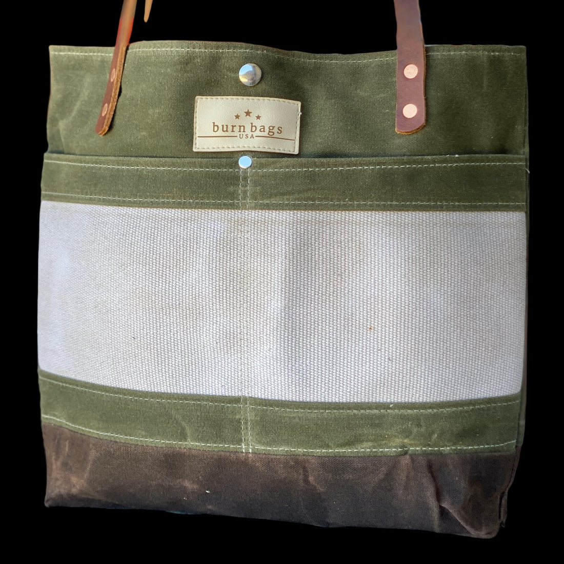Olive Green Classic Burn Bag showcasing unique decommissioned fire hose material and waterproof waxed canvas, perfect for fire safety enthusiasts.