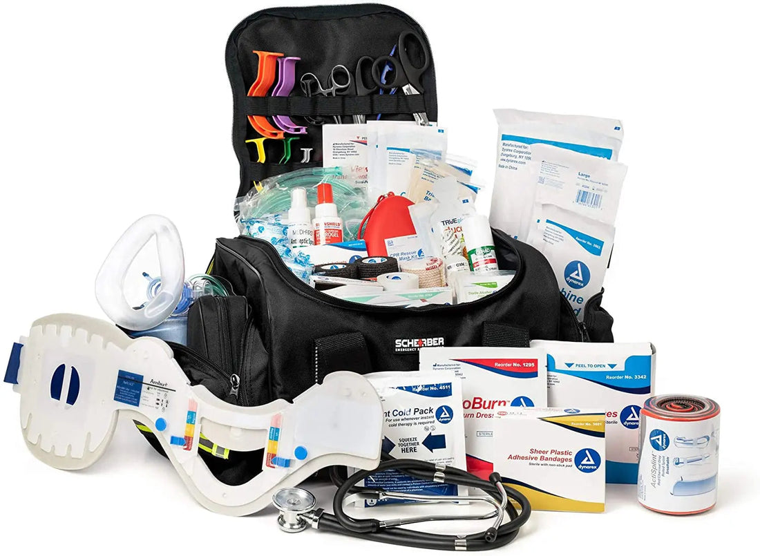 Scherber Intermediate First Responder Trauma Kit - Fully Stocked displayed with emergency supplies and durable gear bag.