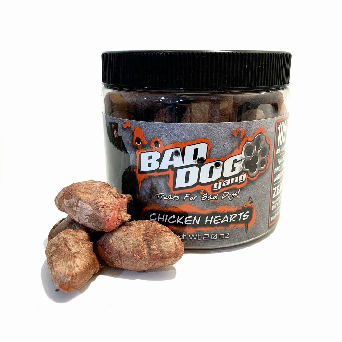 Close-up of high-quality Chicken Hearts dog treats, made by Bad Dog Gang, showcasing their rich color and texture for nutritious snacking.