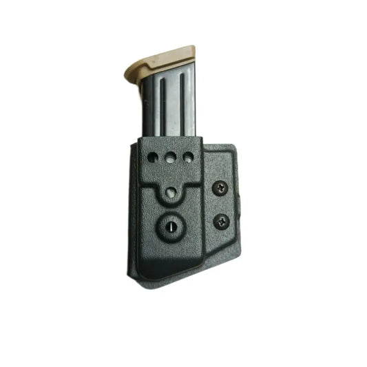 Black polymer double stack magazine carrier with visible magazine inserted