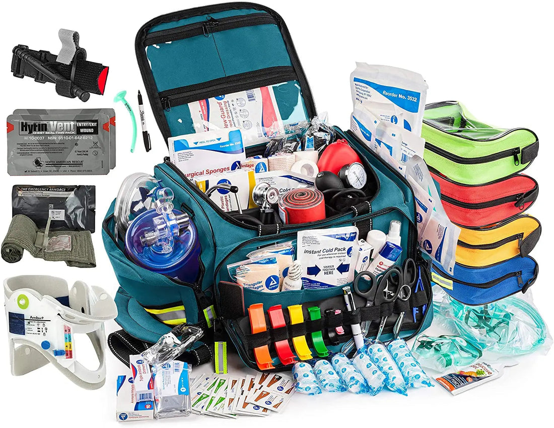Scherber Premium First Responder Trauma Kit W/Bleeding Control fully stocked in durable polyester gear bag, perfect for emergency situations.